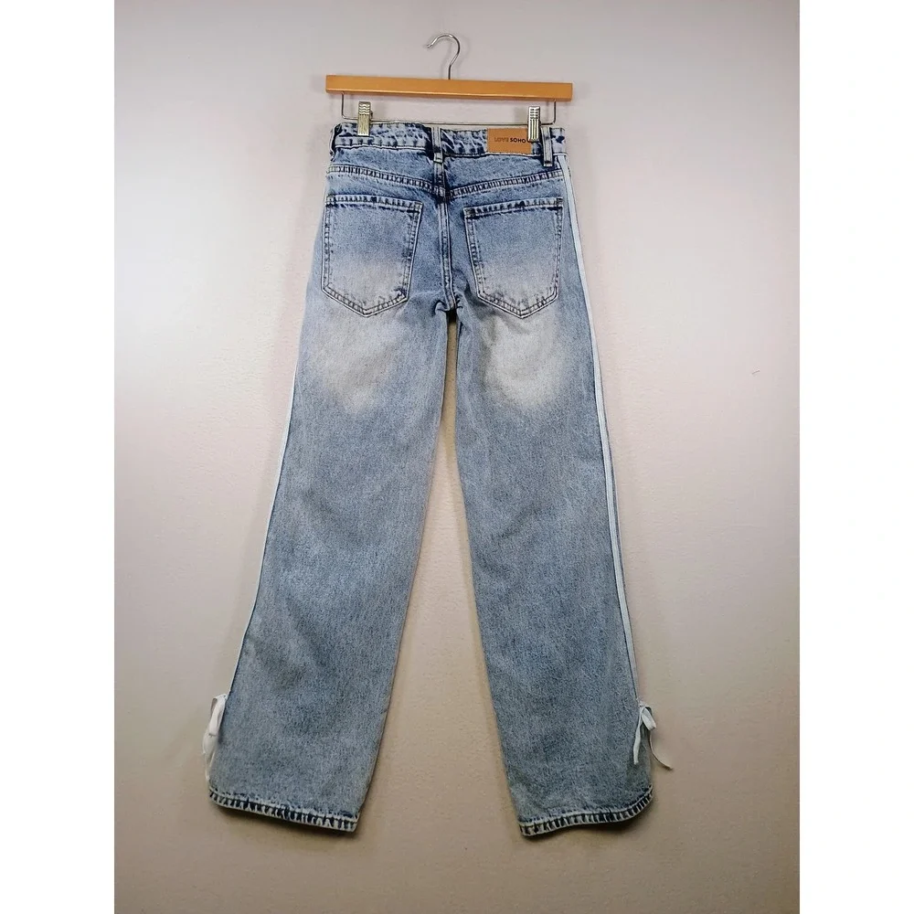 Y2K Streetwear Love Soho Womens 00 Blue Acid Wash Side Stripe‎ Ribbon Tie Jeans
